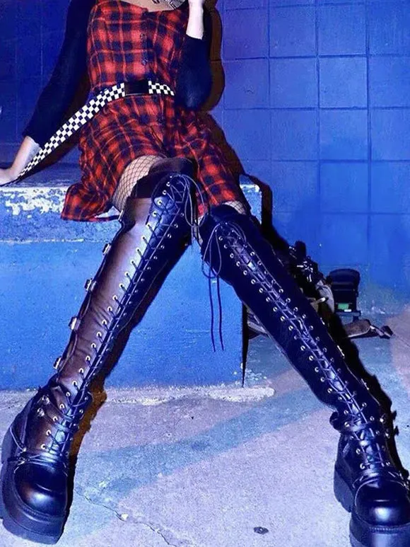 Gothic Lolita Boots PU Leather Metallic Grommets Lace Up Round Toe Black Knee High Lolita Footwear