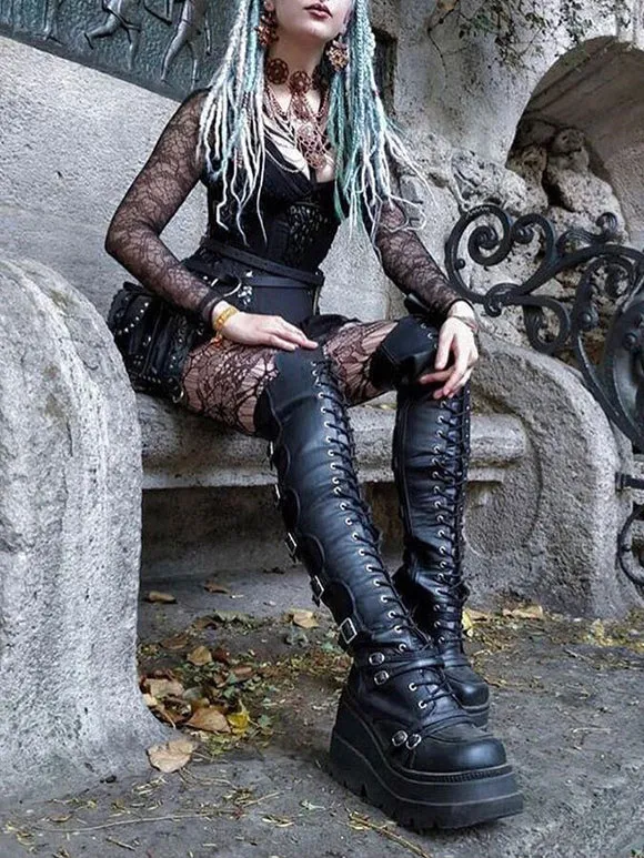 Gothic Lolita Boots PU Leather Metallic Grommets Lace Up Round Toe Black Knee High Lolita Footwear