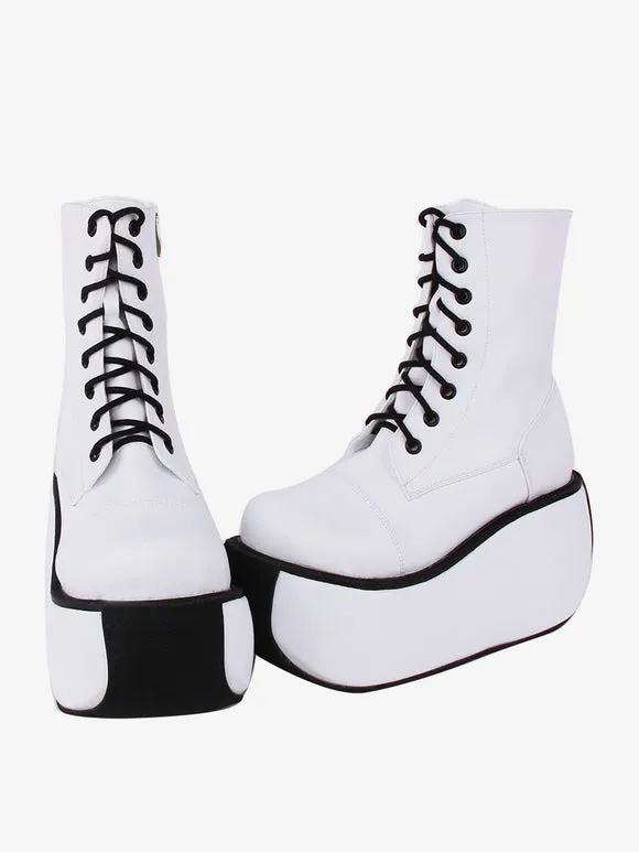 Gothic Lolita Boots PU Leather Woven Grommets Round Toe White Lolita Footwear
