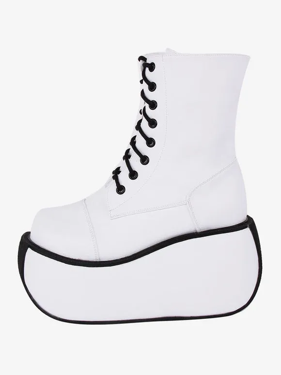 Gothic Lolita Boots PU Leather Woven Grommets Round Toe White Lolita Footwear