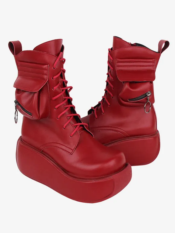 Gothic Lolita Boots Red PU Round Toe PU Leather Lolita Footwear