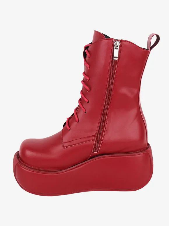 Gothic Lolita Boots Red PU Round Toe PU Leather Lolita Footwear