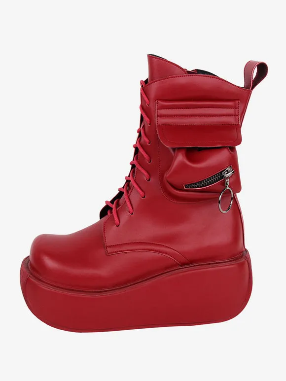Gothic Lolita Boots Red PU Round Toe PU Leather Lolita Footwear