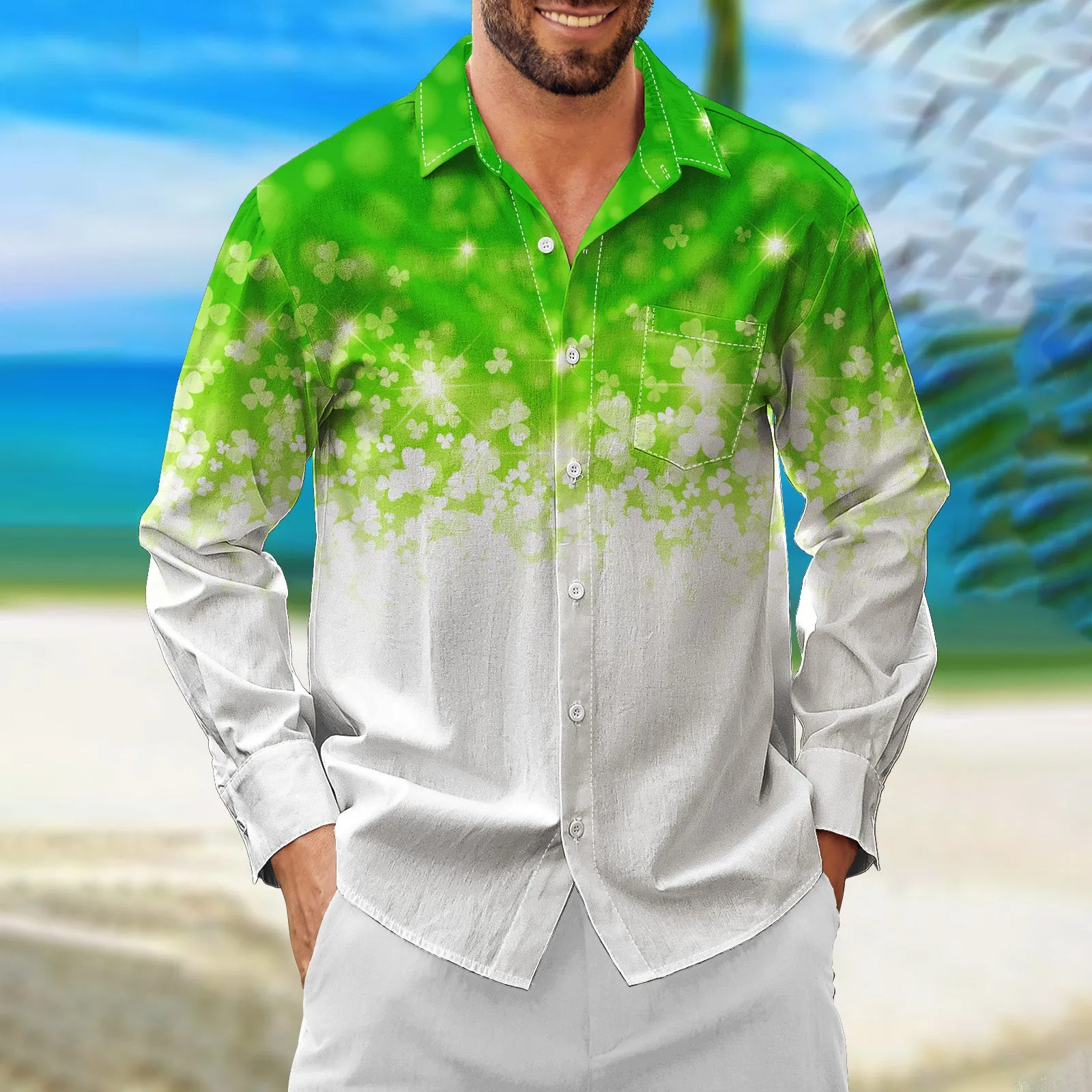 Gradient Trefoil Chest Pocket Long Sleeves Casual Shirt