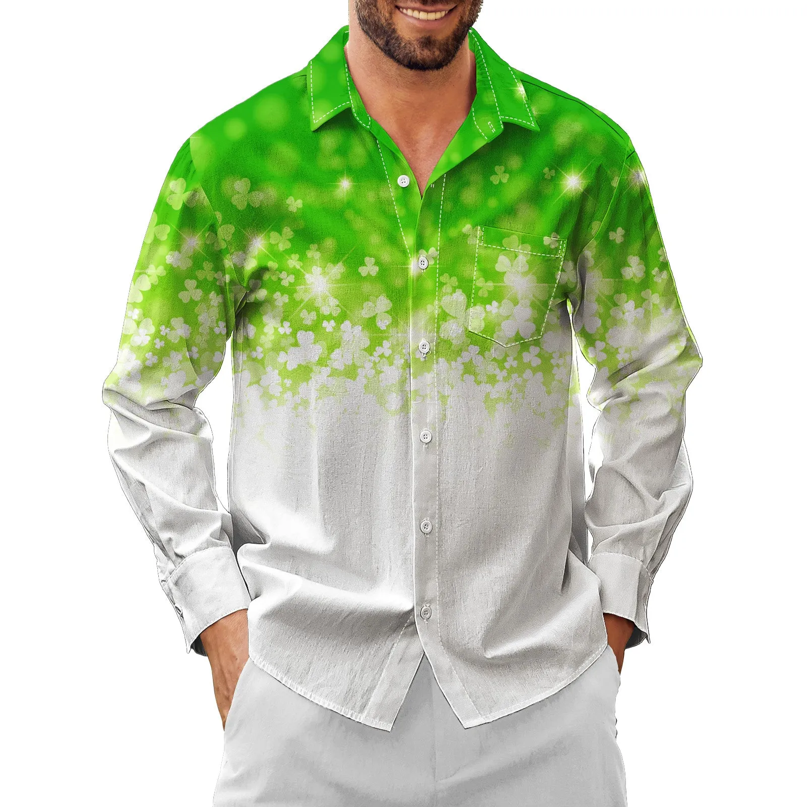 Gradient Trefoil Chest Pocket Long Sleeves Casual Shirt
