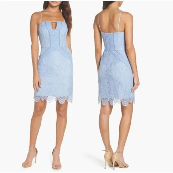Harlyn Scallop Hem Lace Cocktail Sheath Bodycon Periwinkle Blue Dress Small