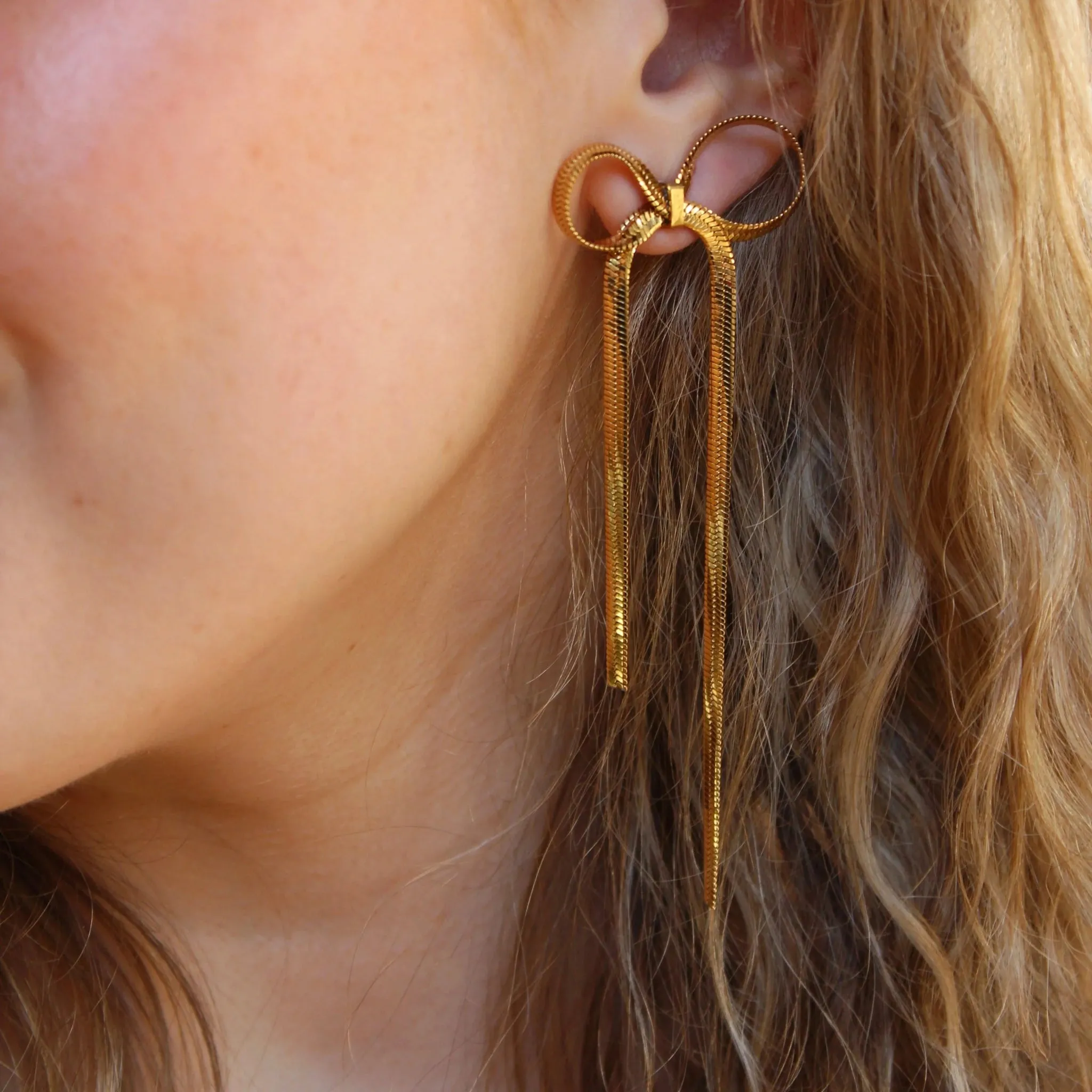 Herringbone Bow Drop Earrings in Gold