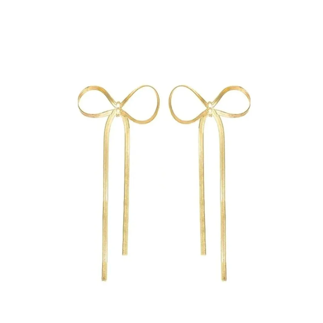 Herringbone Bow Drop Earrings in Gold