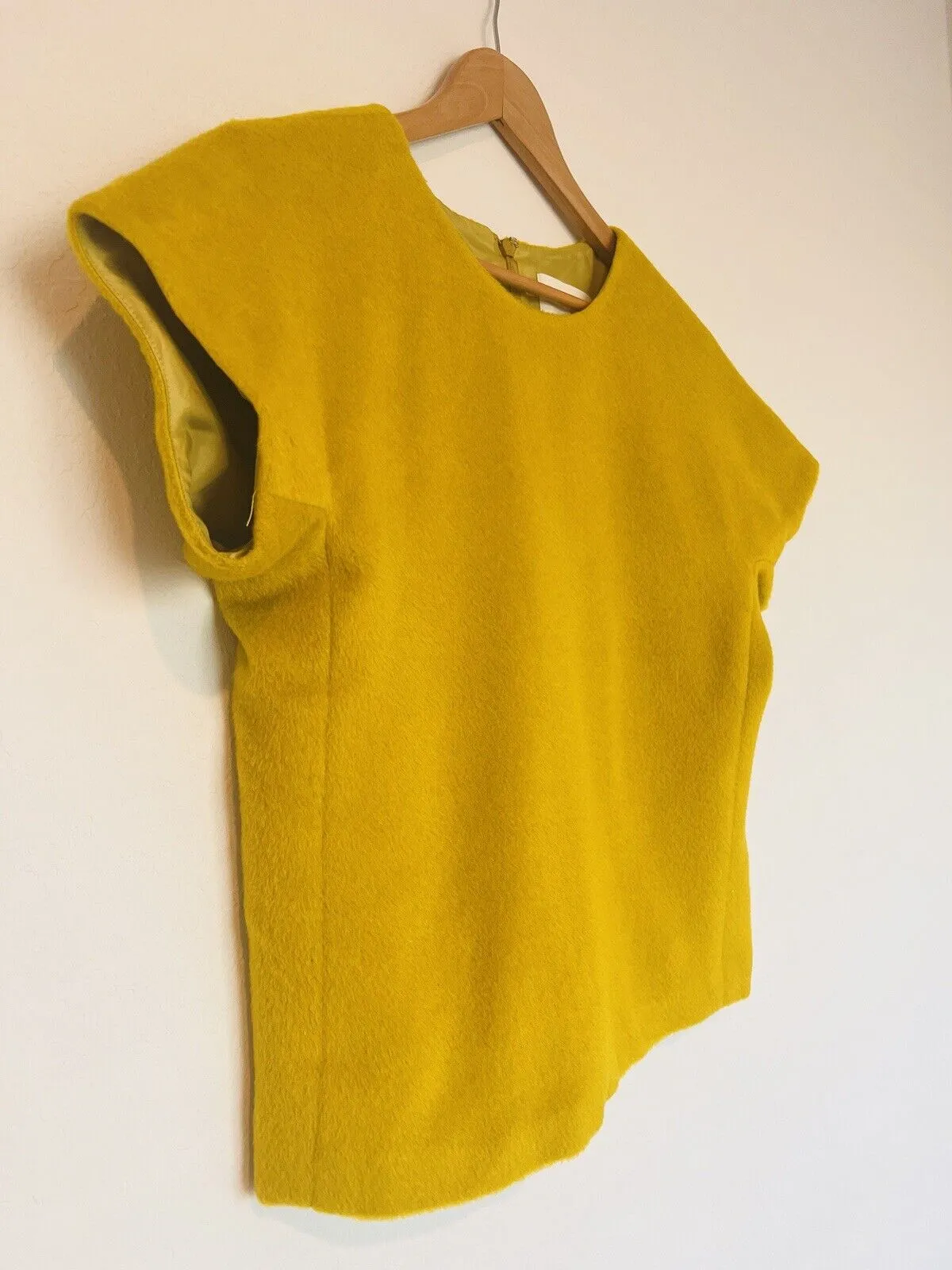 J. CREW Fuzzy Mustard Yellow Blouse Sz 8 Short Sleeve Top Lined Cropped Zip Back