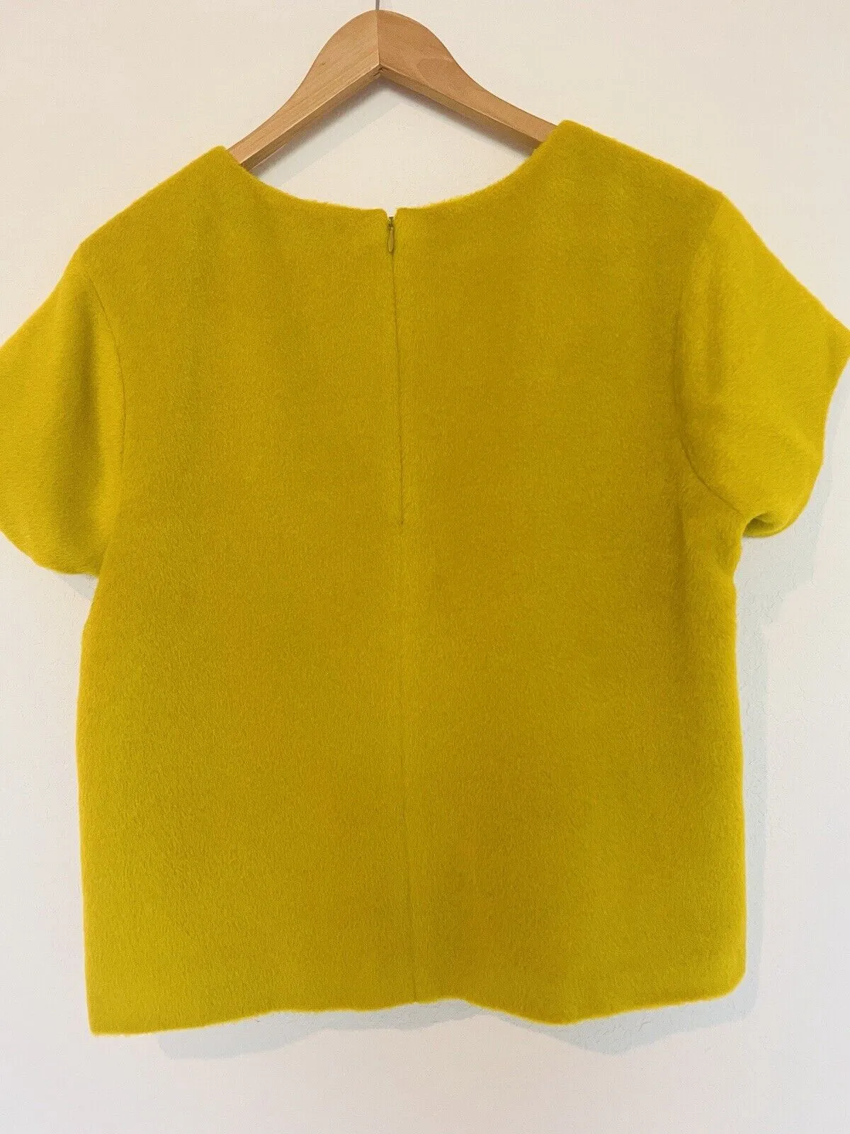 J. CREW Fuzzy Mustard Yellow Blouse Sz 8 Short Sleeve Top Lined Cropped Zip Back