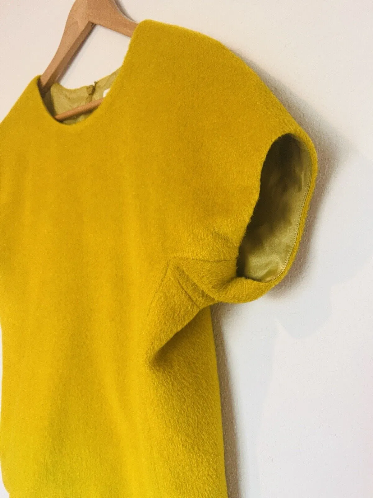 J. CREW Fuzzy Mustard Yellow Blouse Sz 8 Short Sleeve Top Lined Cropped Zip Back