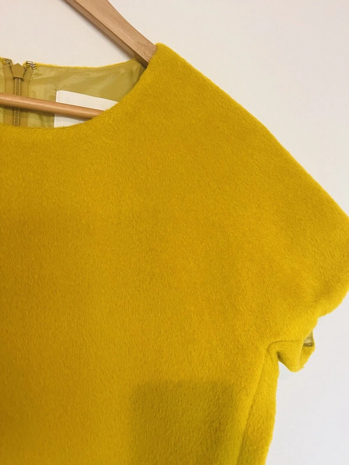 J. CREW Fuzzy Mustard Yellow Blouse Sz 8 Short Sleeve Top Lined Cropped Zip Back