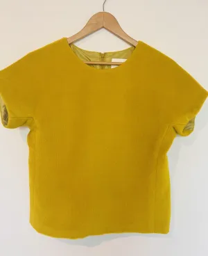 J. CREW Fuzzy Mustard Yellow Blouse Sz 8 Short Sleeve Top Lined Cropped Zip Back