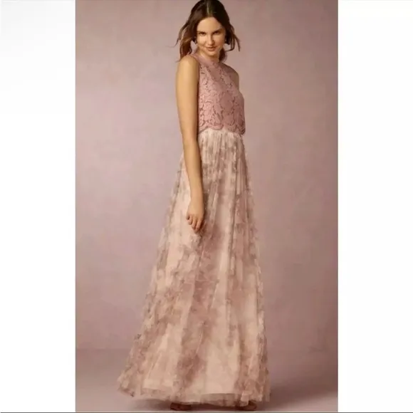 Jenny Yoo BHDLN Arabella Blush Multi Printed Tulle Floral Maxi Skirt Size 4