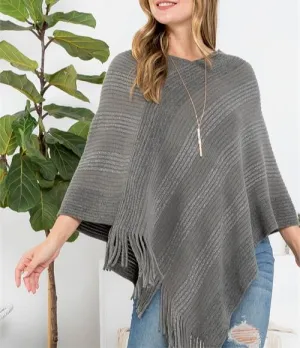 Knitted Fringe Striped Gray Poncho