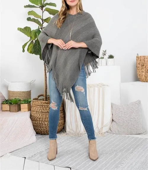 Knitted Fringe Striped Gray Poncho