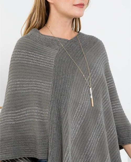 Knitted Fringe Striped Gray Poncho