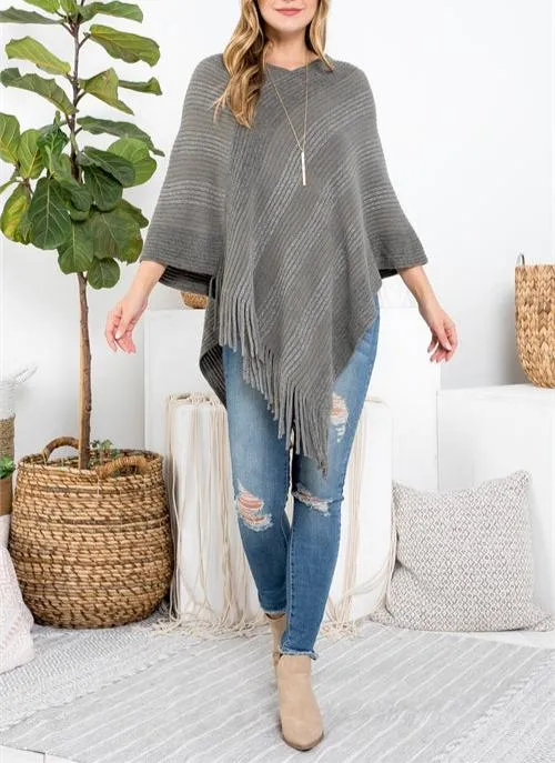 Knitted Fringe Striped Gray Poncho