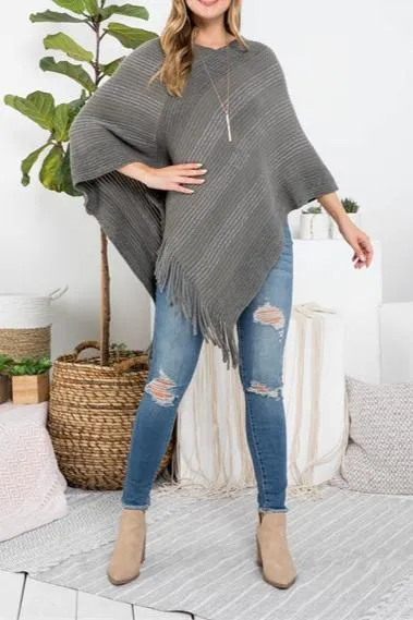 Knitted Fringe Striped Gray Poncho