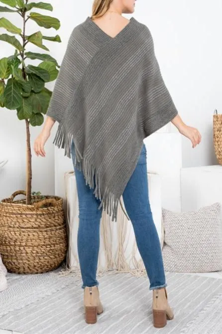 Knitted Fringe Striped Gray Poncho