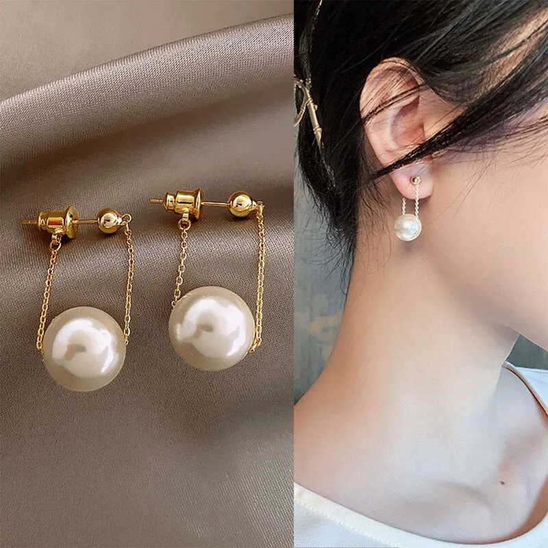Korean Fashion Minimalist Pearl Pendant Gold Dangle Earrings - Gothic Chic Women's Seductive Jewelry