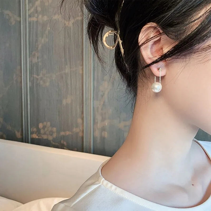Korean Fashion Minimalist Pearl Pendant Gold Dangle Earrings - Gothic Chic Women's Seductive Jewelry
