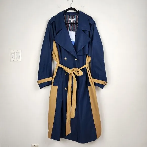 La Ligne Side Stripe Trench Coat Navy Tan Double Breasted Tie Belt Plus Size 4X