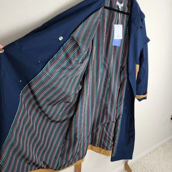 La Ligne Side Stripe Trench Coat Navy Tan Double Breasted Tie Belt Plus Size 4X
