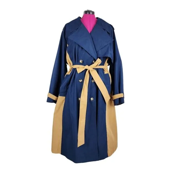 La Ligne Side Stripe Trench Coat Navy Tan Double Breasted Tie Belt Plus Size 4X