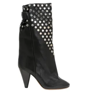 Lady Punk Metal Rivets Studs Martin Boots Black Leather Spike Heels Pointed Toe Female Mid Calf Boots Slip On Bottine Zapatos