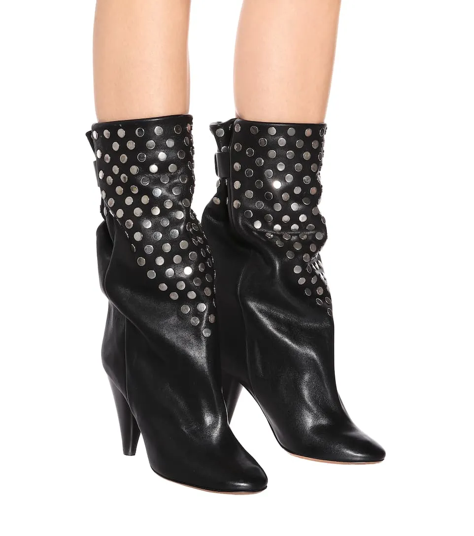 Lady Punk Metal Rivets Studs Martin Boots Black Leather Spike Heels Pointed Toe Female Mid Calf Boots Slip On Bottine Zapatos