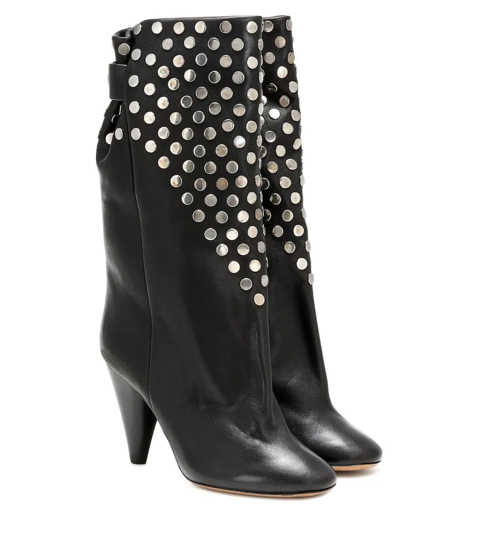 Lady Punk Metal Rivets Studs Martin Boots Black Leather Spike Heels Pointed Toe Female Mid Calf Boots Slip On Bottine Zapatos