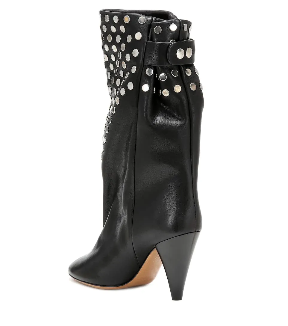 Lady Punk Metal Rivets Studs Martin Boots Black Leather Spike Heels Pointed Toe Female Mid Calf Boots Slip On Bottine Zapatos