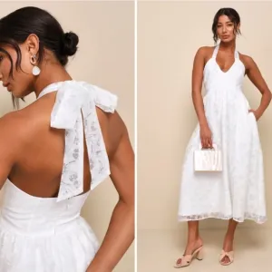 LULU's Bridal Shower Reception Elegant White Floral Wedding Midi Dress NWOT