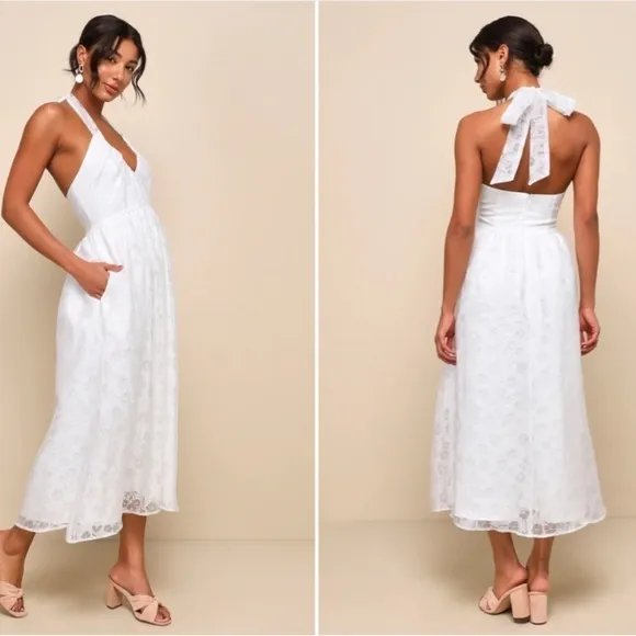 LULU's Bridal Shower Reception Elegant White Floral Wedding Midi Dress NWOT