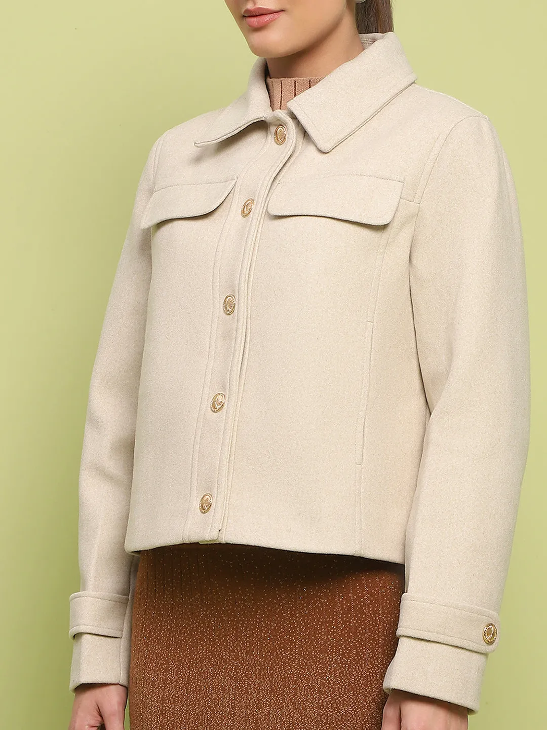 Madame Button Down Collared Off White Short Coat