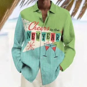 Men's 50s Mid Century Atomic New Year Print Long Sleeve Shirt