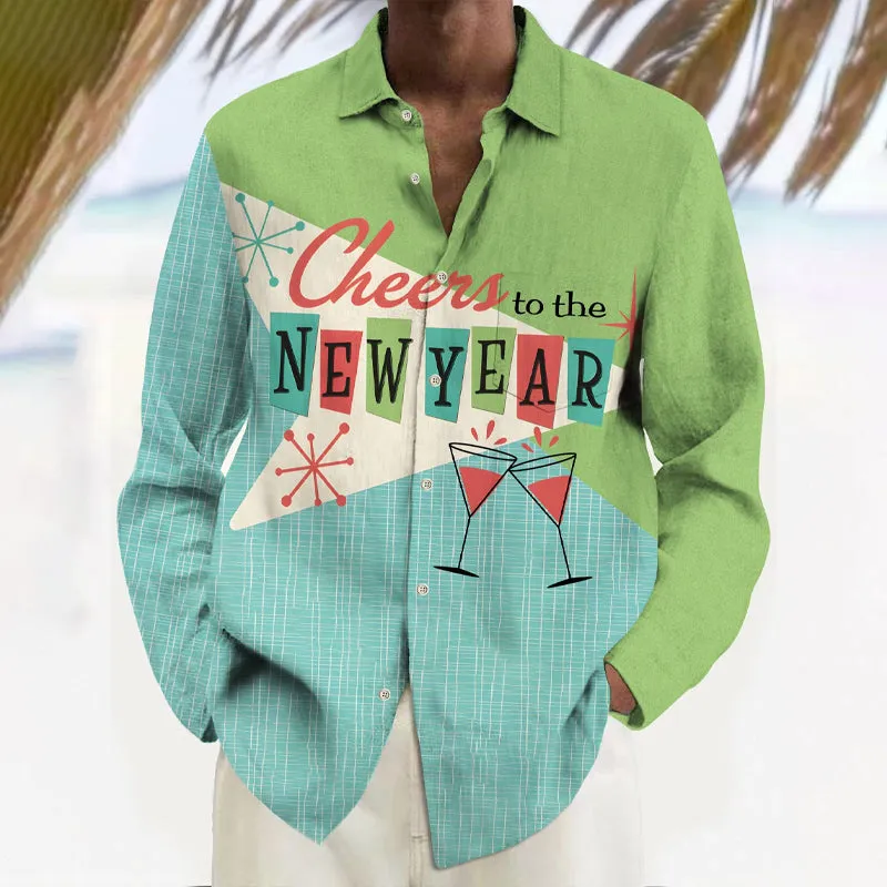 Men's 50s Mid Century Atomic New Year Print Long Sleeve Shirt
