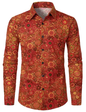 Men's 70s Geometric Print Circle Cotton Long Sleeve Shirt