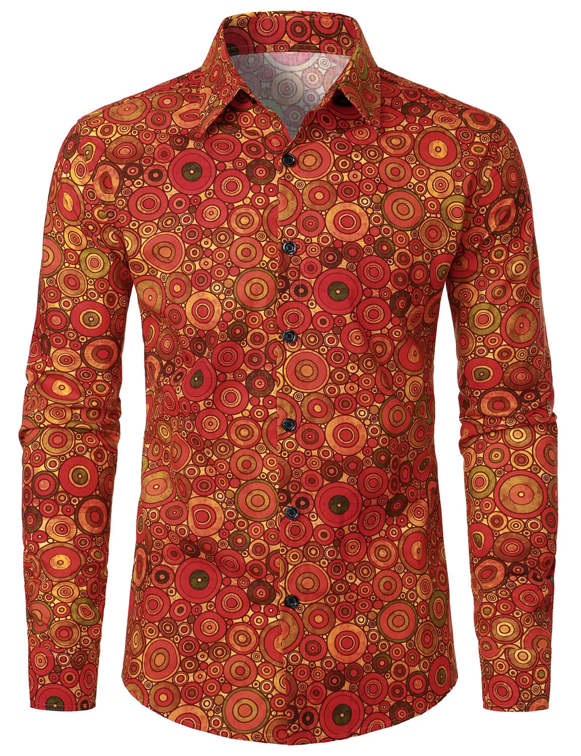 Men's 70s Geometric Print Circle Cotton Long Sleeve Shirt