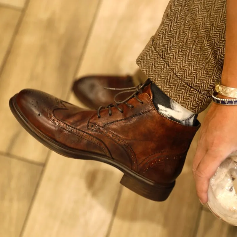 Men's brogue high top casual leather shoes carved martin boots