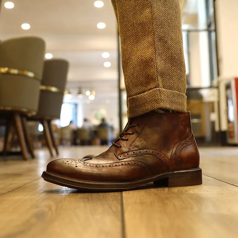 Men's brogue high top casual leather shoes carved martin boots