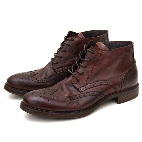 Men's brogue high top casual leather shoes carved martin boots