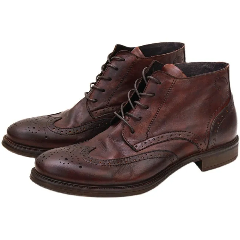 Men's brogue high top casual leather shoes carved martin boots