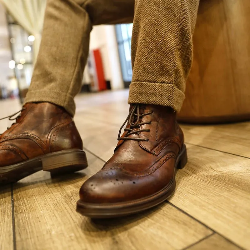 Men's brogue high top casual leather shoes carved martin boots