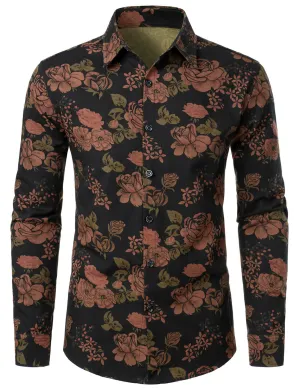Men's Casual Floral Vintage Button Up Long Sleeve Shirt