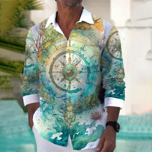 Men's Casual Resort Map Print Long Sleeve Shirt
