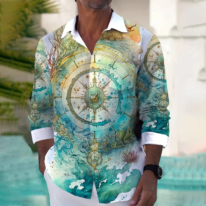 Men's Casual Resort Map Print Long Sleeve Shirt