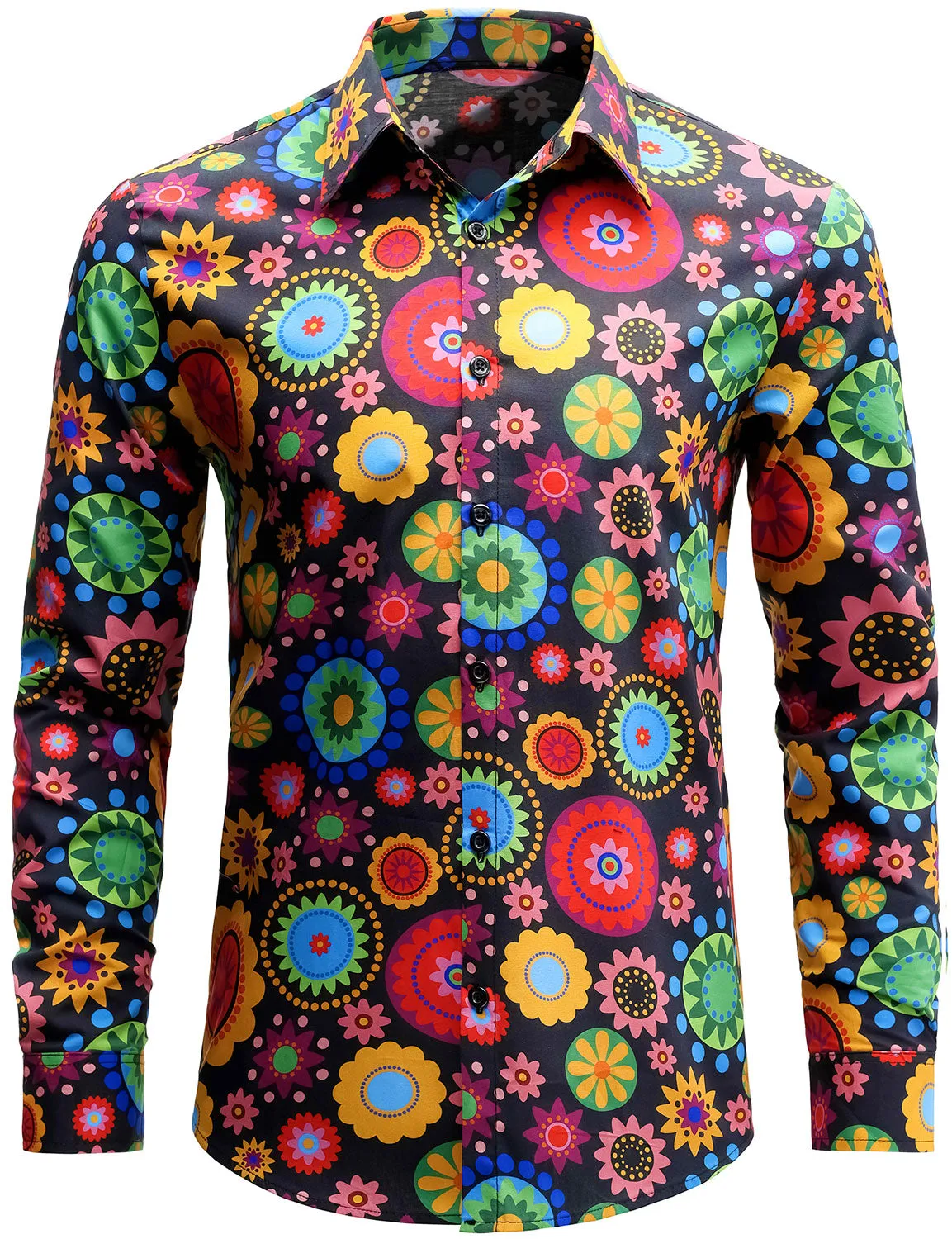Men's Colorful Floral Cotton Party Disco Button Up Long Sleeve Shirt
