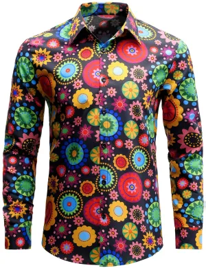 Men's Colorful Floral Cotton Party Disco Button Up Long Sleeve Shirt